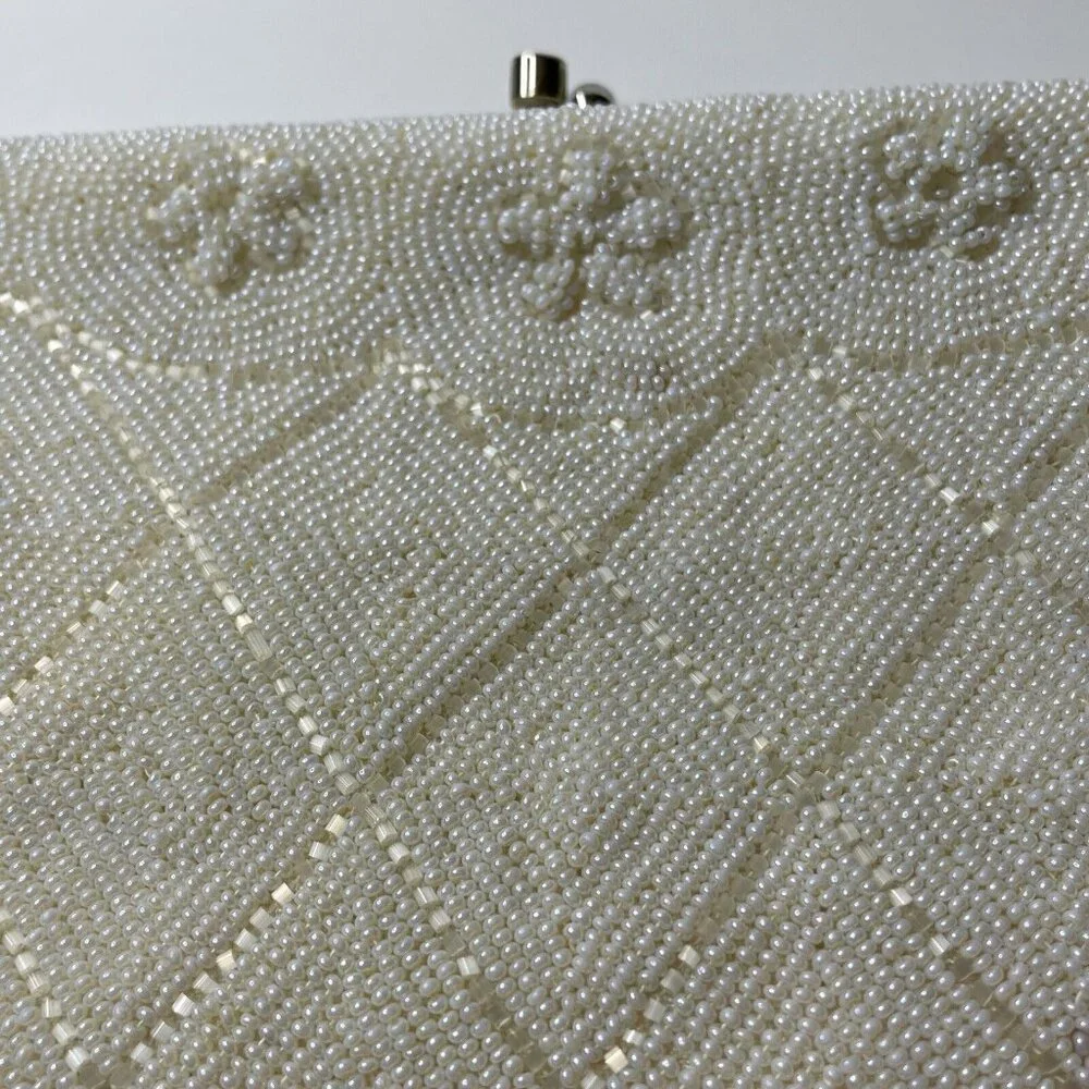 La Regale clutch purse Italian beads White Japan‎ Vintage Mid Century Floral EL4